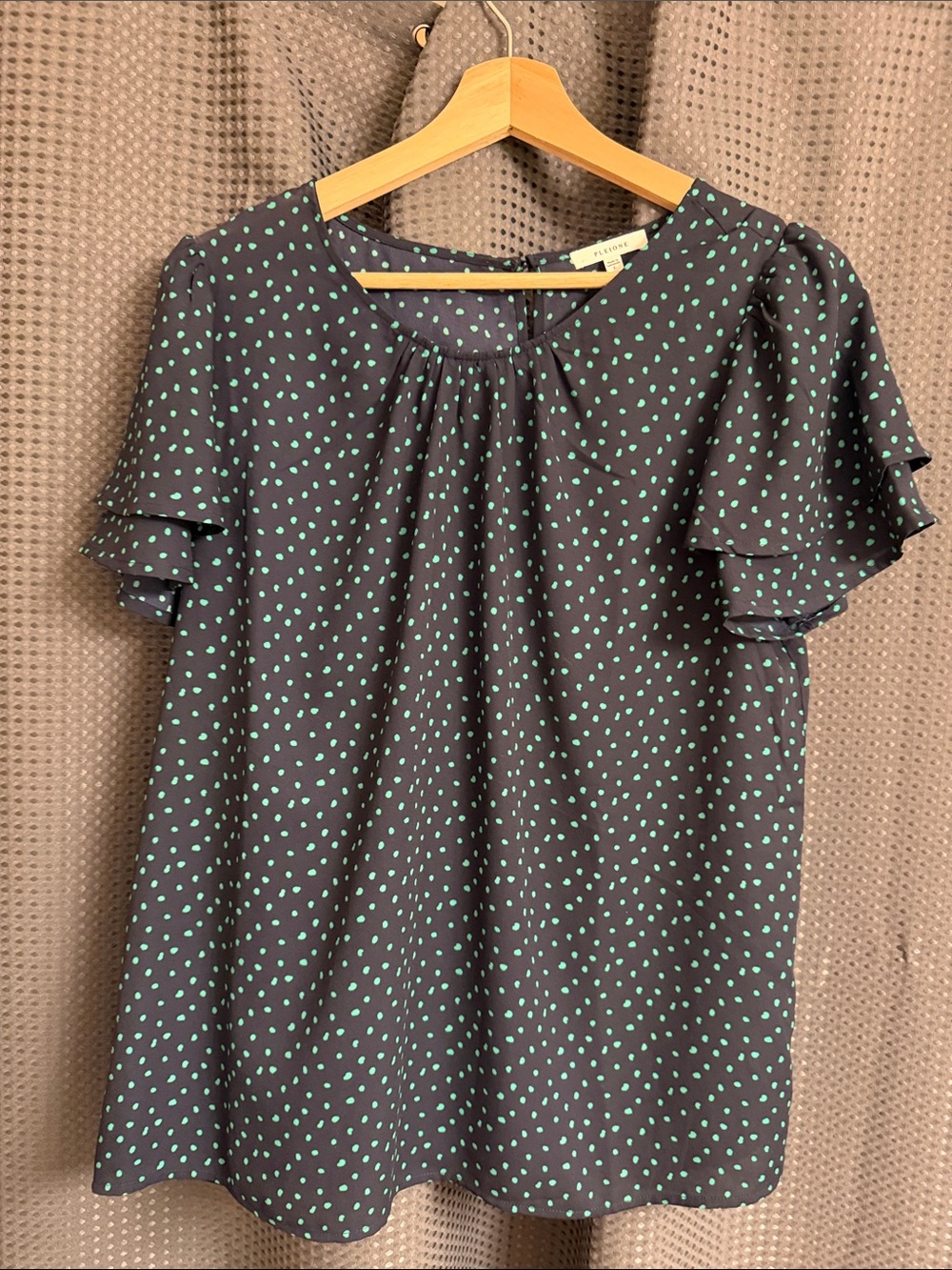 Pleione Black Blouse with Mint Polka Dots and Flutter Sleeves